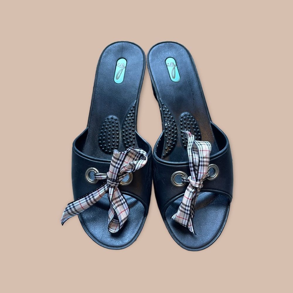 Oka-B Madison Slides Black w/Bow Ribbon Women's Size L 9-10 Sandals